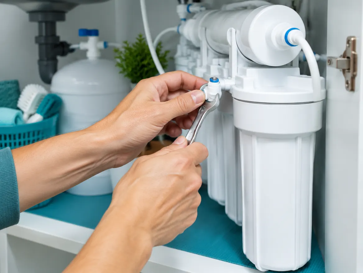 Montage eines Wasserfilters mit Schraubenschlüssel